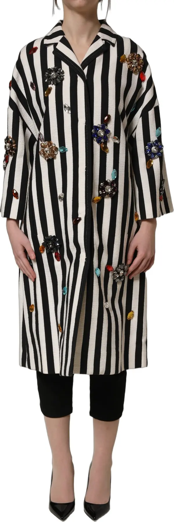 Black White Striped Embellished Coat Jacket