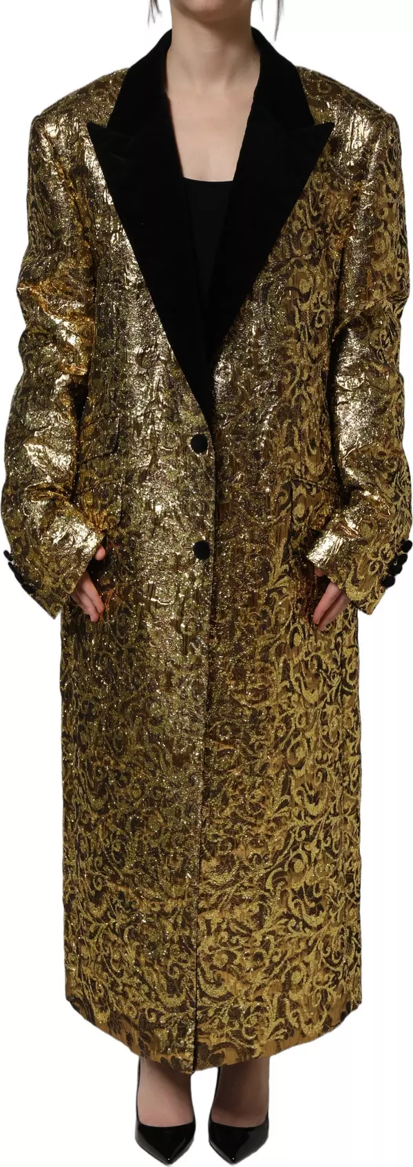 Gold Floral Jacquard Wool Trench Coat Jacket