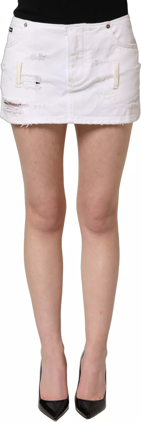White Distressed Cotton Denim Mini Skirt