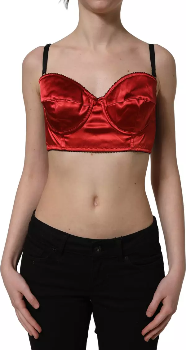 Red Polyester Satin Bustier Cropped Tank Top