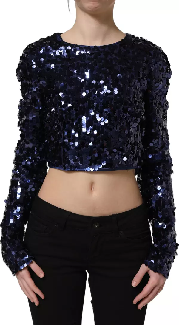 Blue Sequined Long Sleeves Crop Blouse Top