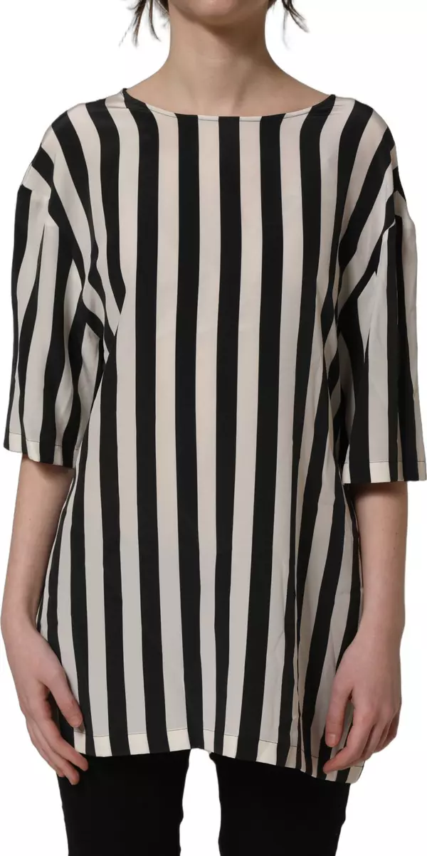 Black White Stripes Round Neck Blouse Top