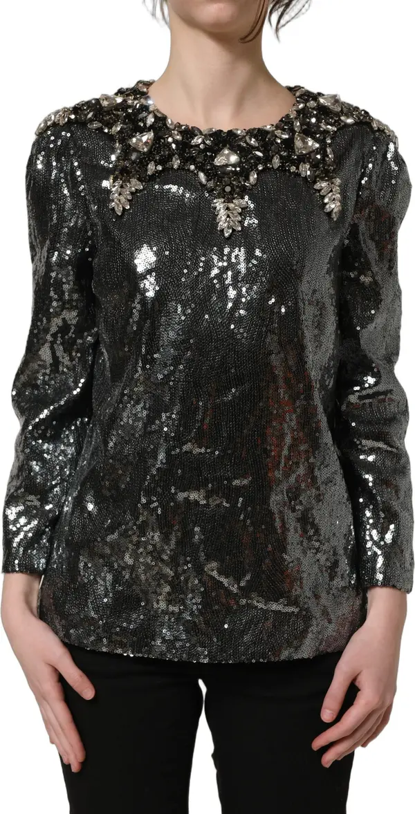Metallic Gray Sequin Embellished Blouse Top