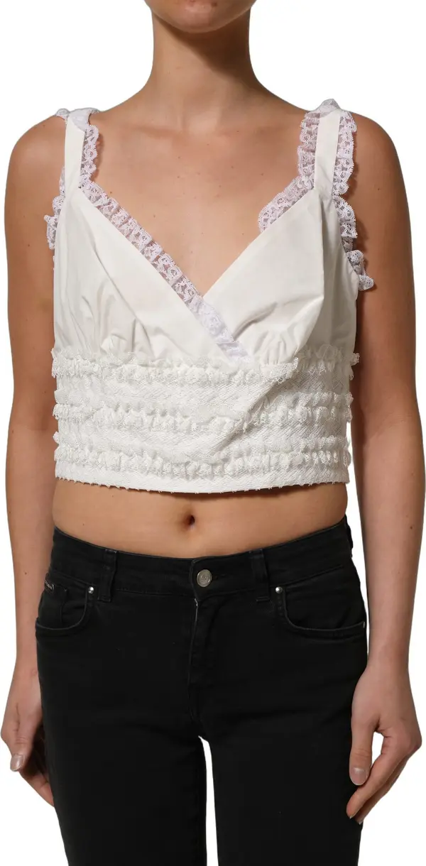 White Lace Trimmed Cotton Cropped Tank Top