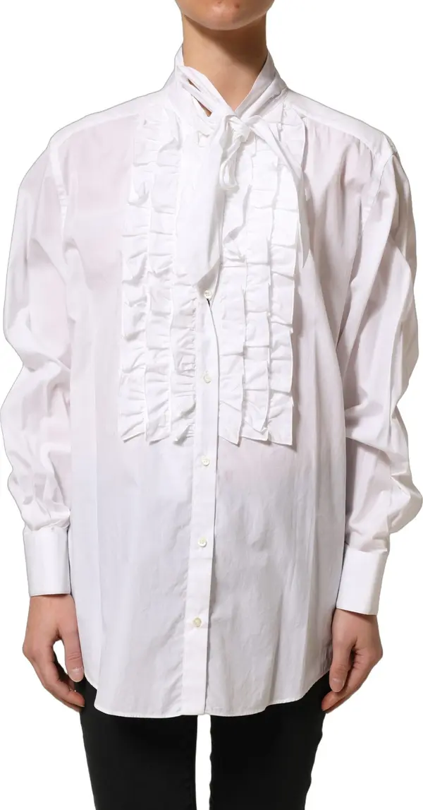 White Ruffled Bib Long Sleeves Blouse Top