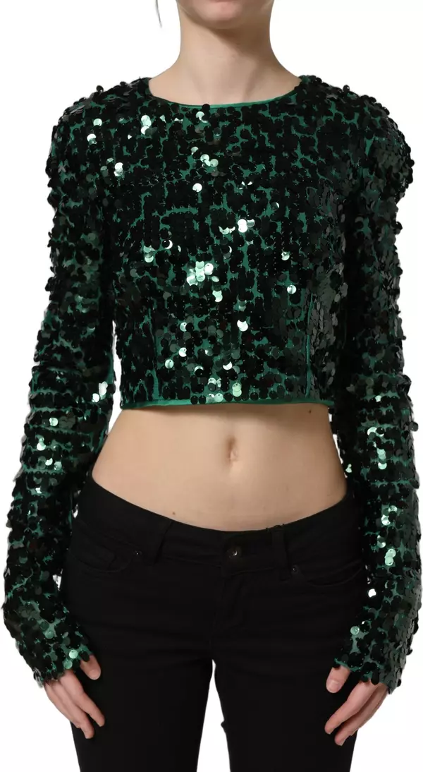 Green Sequined Long Sleeves Crop Blouse Top