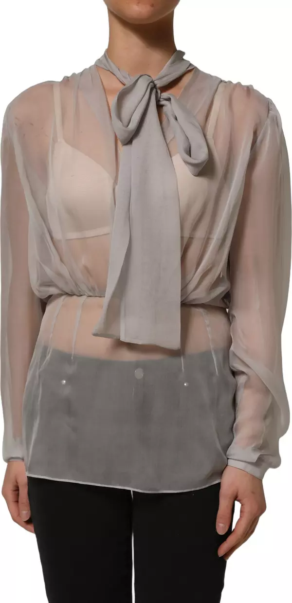 Gray Sheer Silk Chiffon Shirt Bow Collar Top