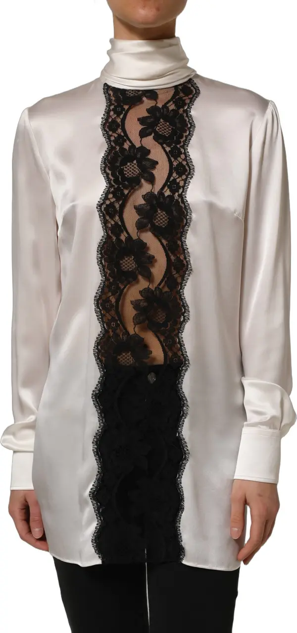 White satin Lace Trim LOng Sleeves Blouse Top