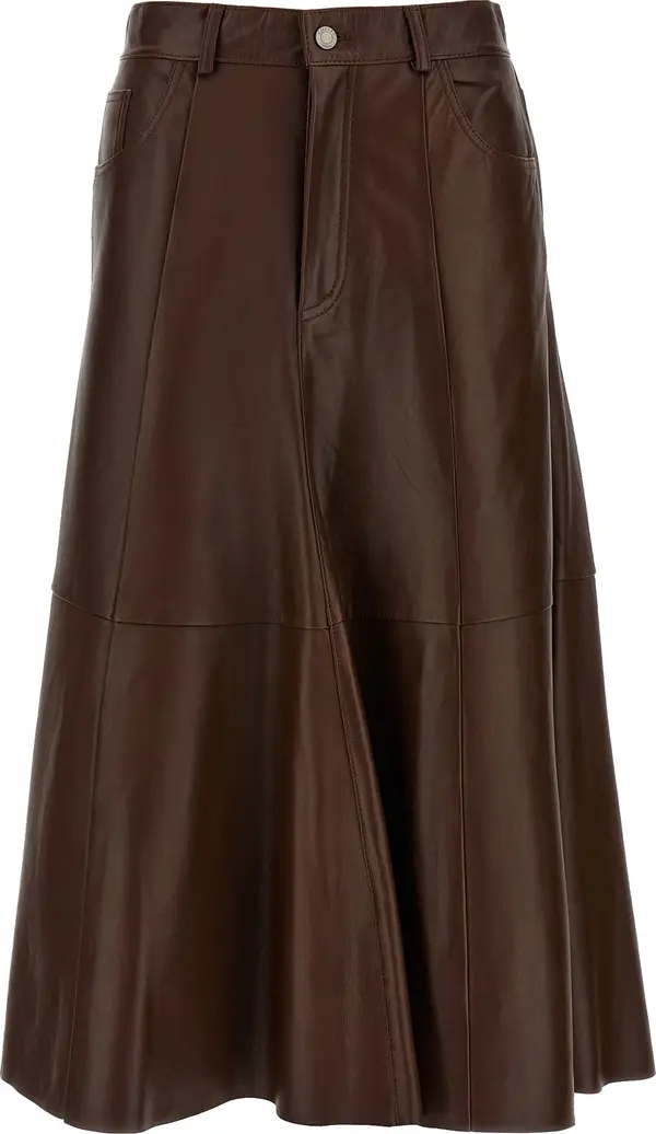 Brown Lamb Leather Midi Skirt