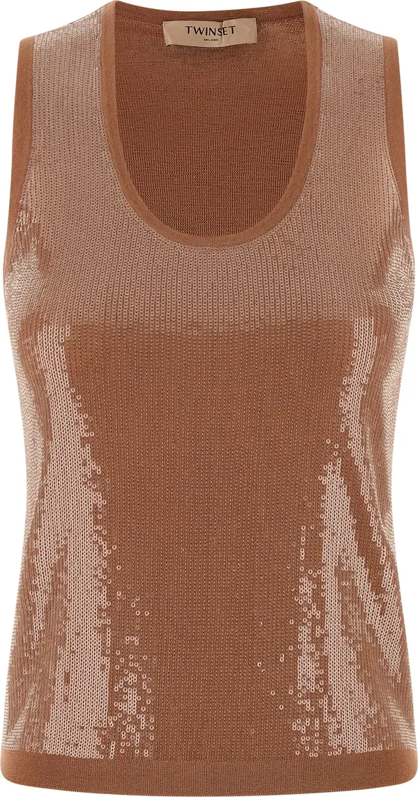 Brown Cotton Sleeveles T-Shirt
