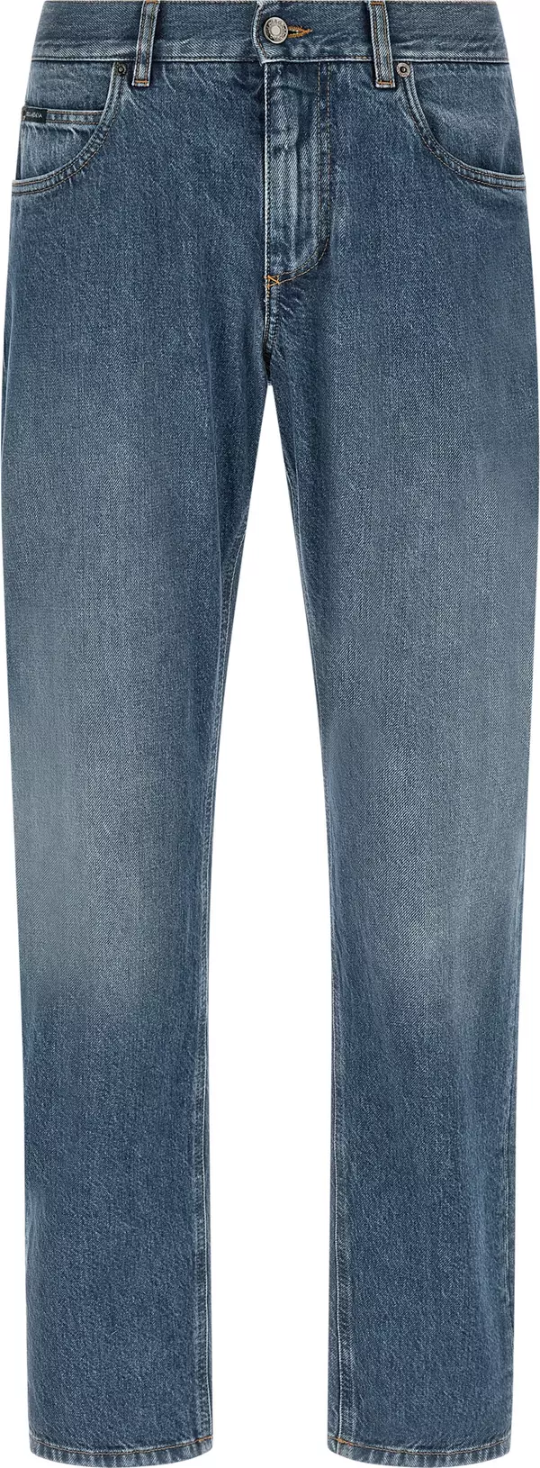 Blue Cotton Straight-Leg Jeans