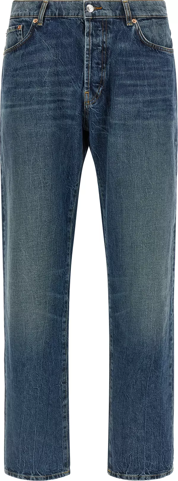 Blue Cotton Straight-Leg Jeans