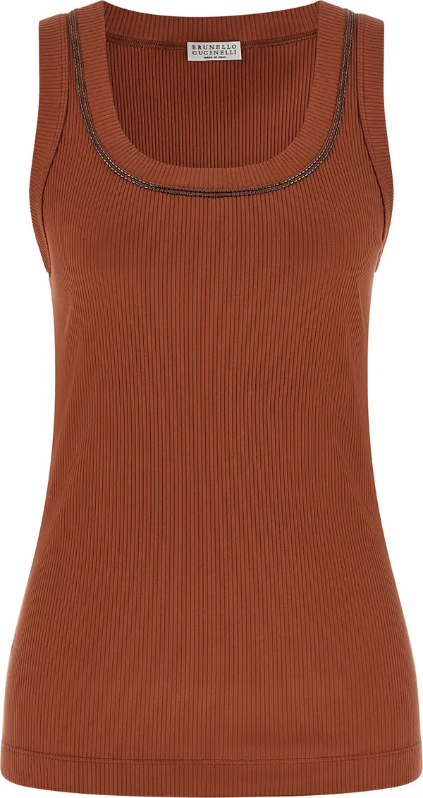 Brown Cotton Sleeveles T-Shirt