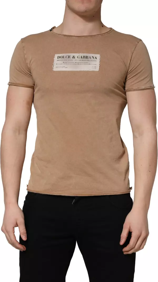 Brown Cotton Logo Patch Round Neck T-shirt