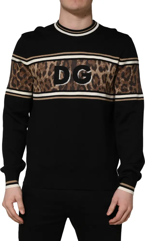 Black Leopard Wool Crew Neck Men Pullover Sweater