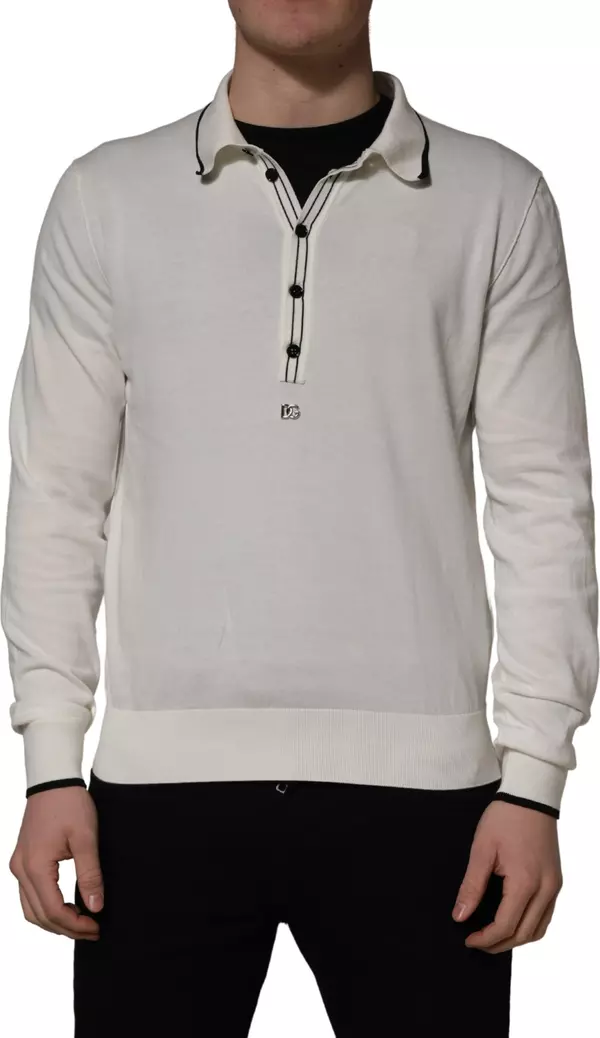 White Cotton Blend Men Polo Pullover Sweater