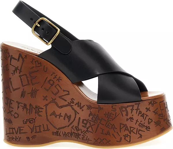 Black Calfskin Wedge Sandals