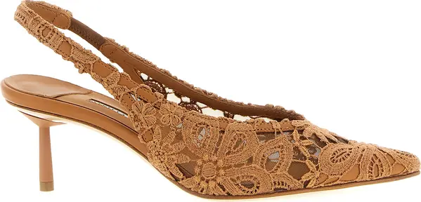 Brown Cotton Mid Heel Pumps