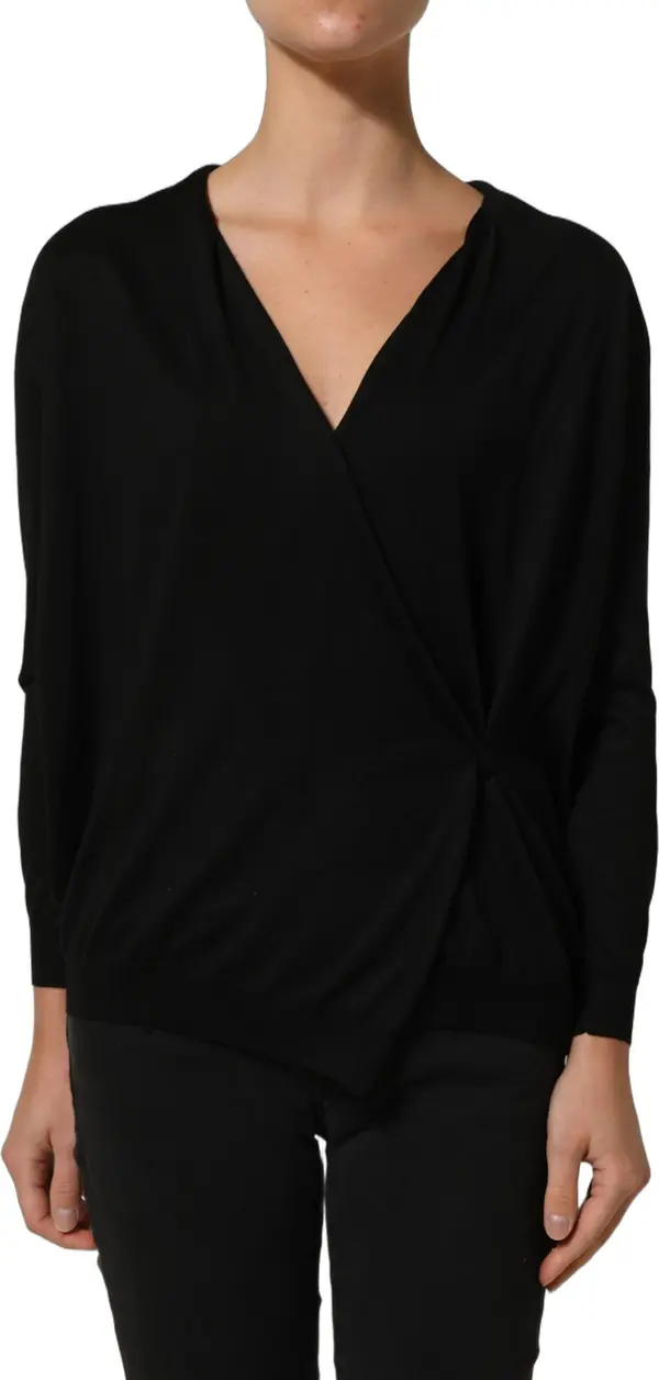 Black Silk Long Sleeves Draped Blouse Top