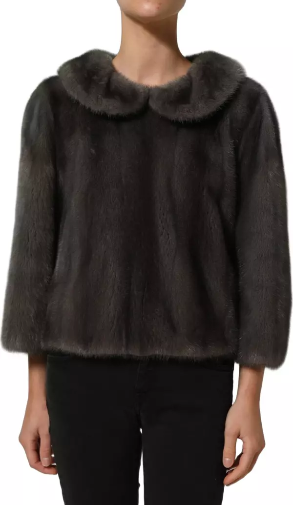 Dark Gray Mink Fur Round Collar Blouse Top