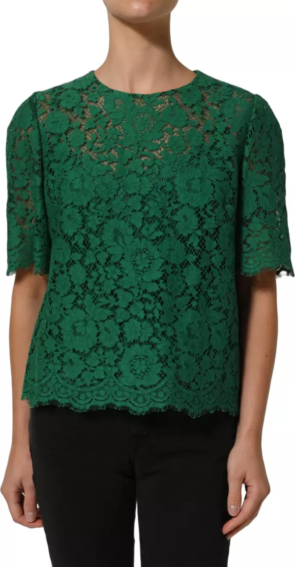 Green Floral Lace Round Neck Blouse Top