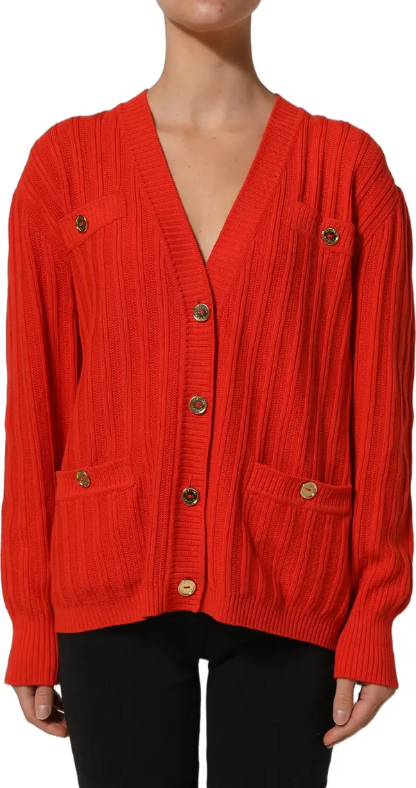 Red Wool Knit ButtonEmbellished Cardigan Sweater