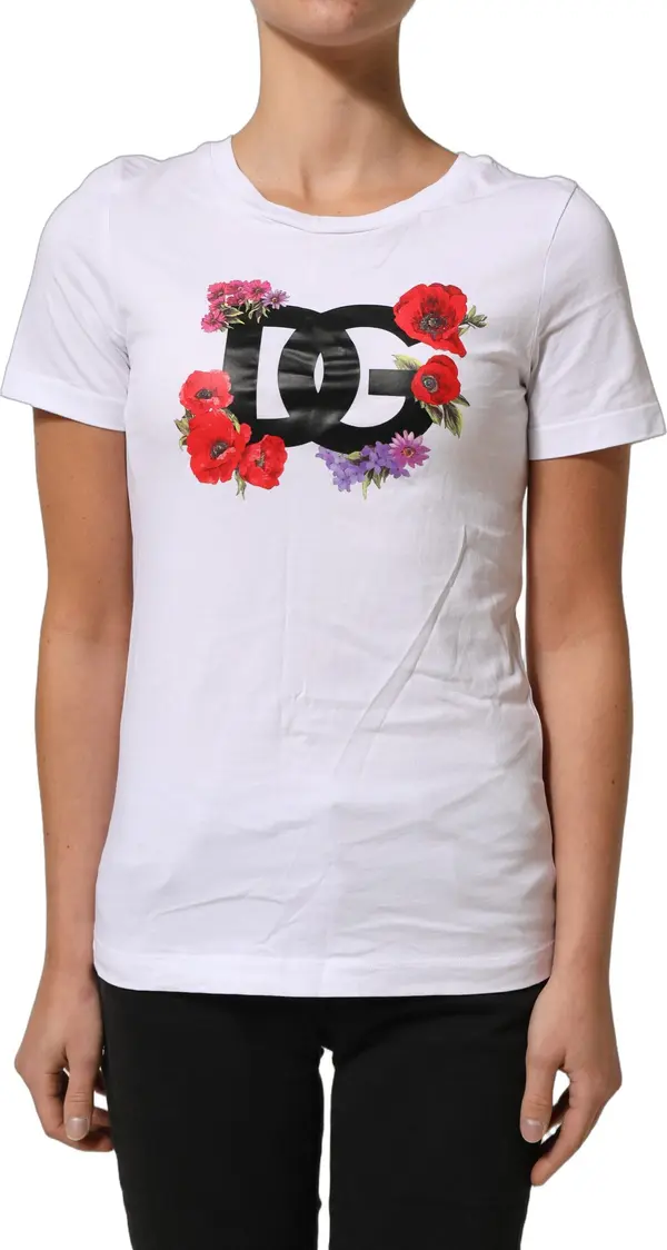 White Floral Logo Cotton Round Neck T-shirt