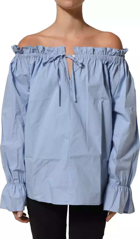Light Blue Cotton Off Shoulder Long Sleeves Top