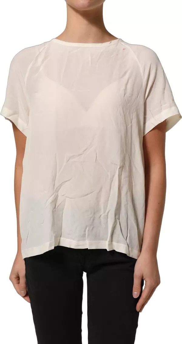 Off White Silk Sheer Round Neck Short Sleeves Blouse Top