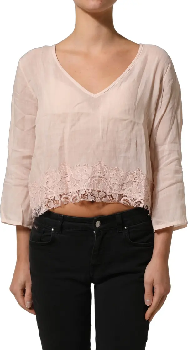 Light Pink Linen V-Neck Long Sleeves Blouse Top