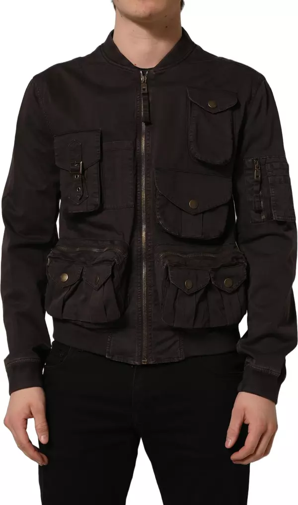 Brown Cotton Full Zip Men Bomber Jacket