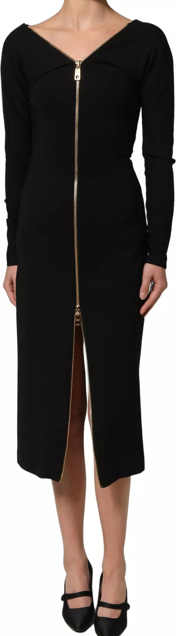 Black Long Sleeves Front Zipper Midi Dress