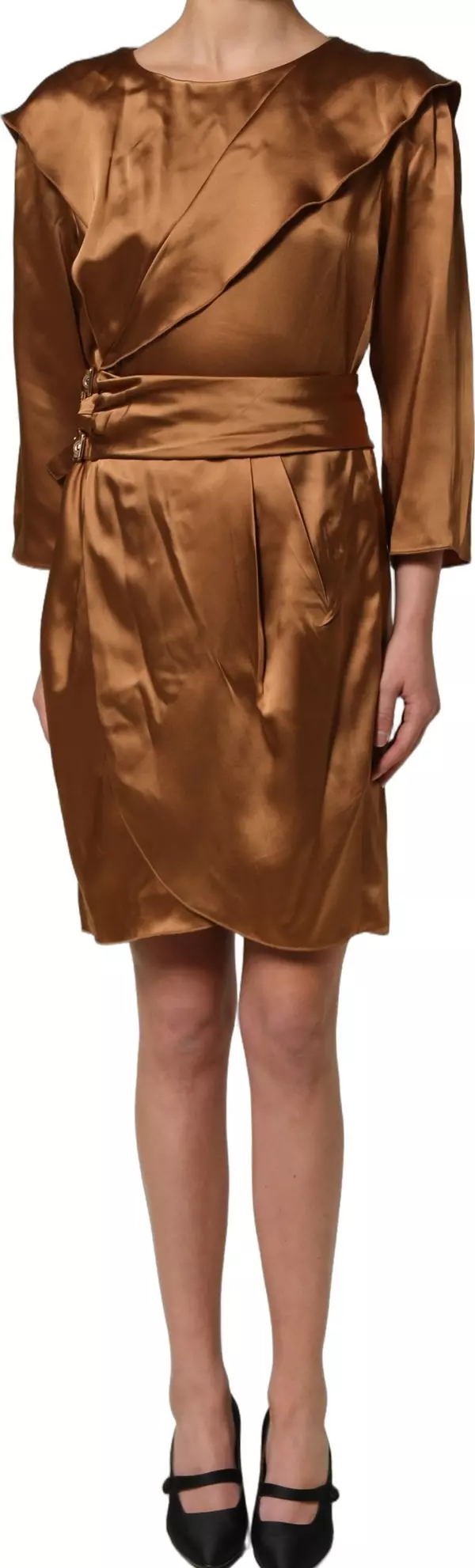 Brown Satin Acetate Wrap Sheath Mini Belted Dress