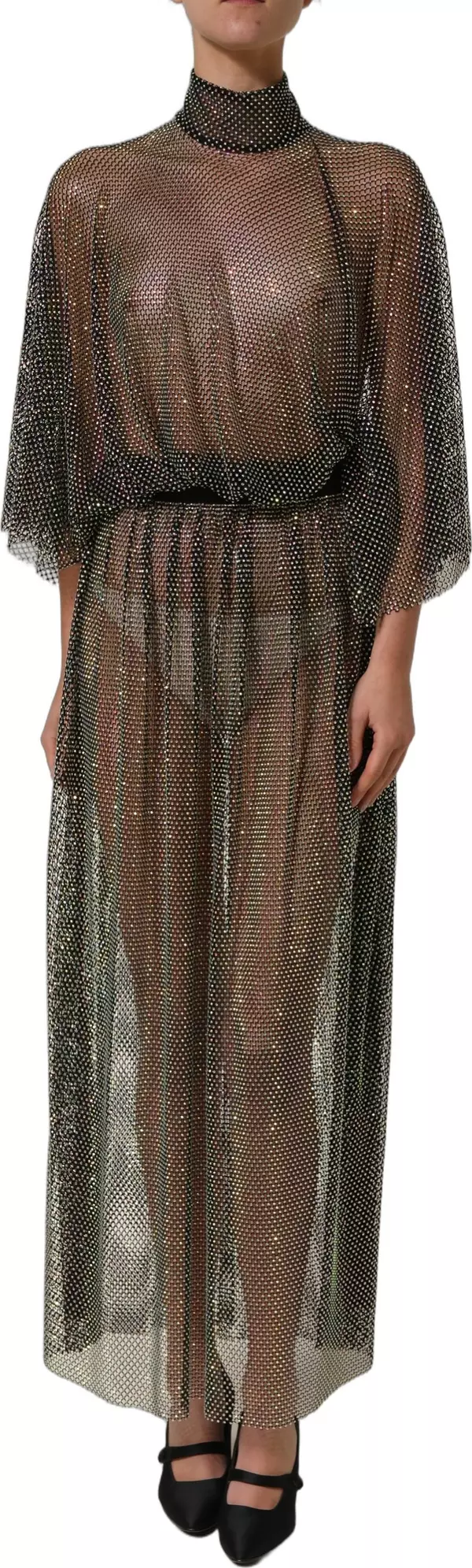 Black Rhinestone Mesh Turtleneck Maxi Dress