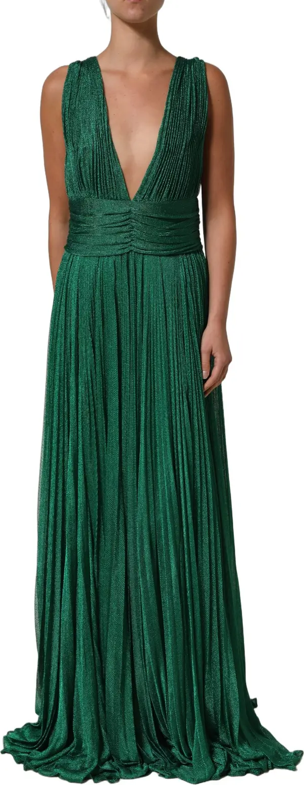 Metallic Green Sleeveless Plissé Gown Dress