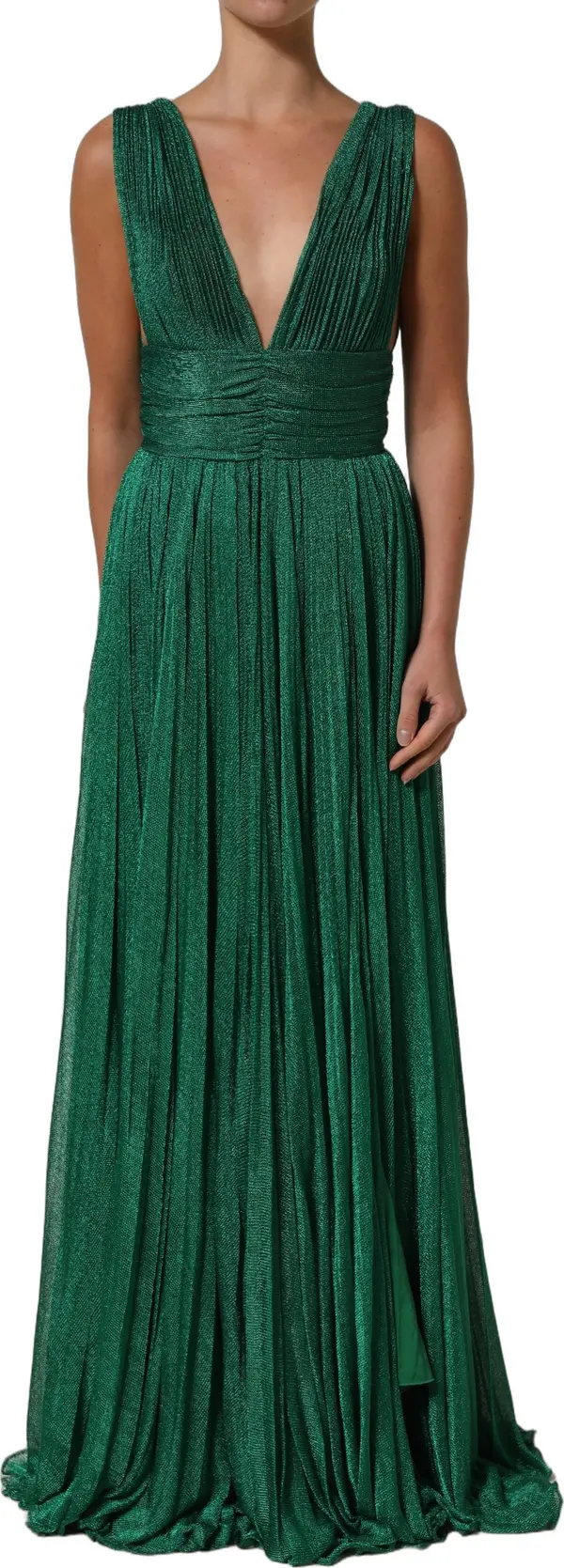 Metallic Green Sleeveless Plissé Gown Dress
