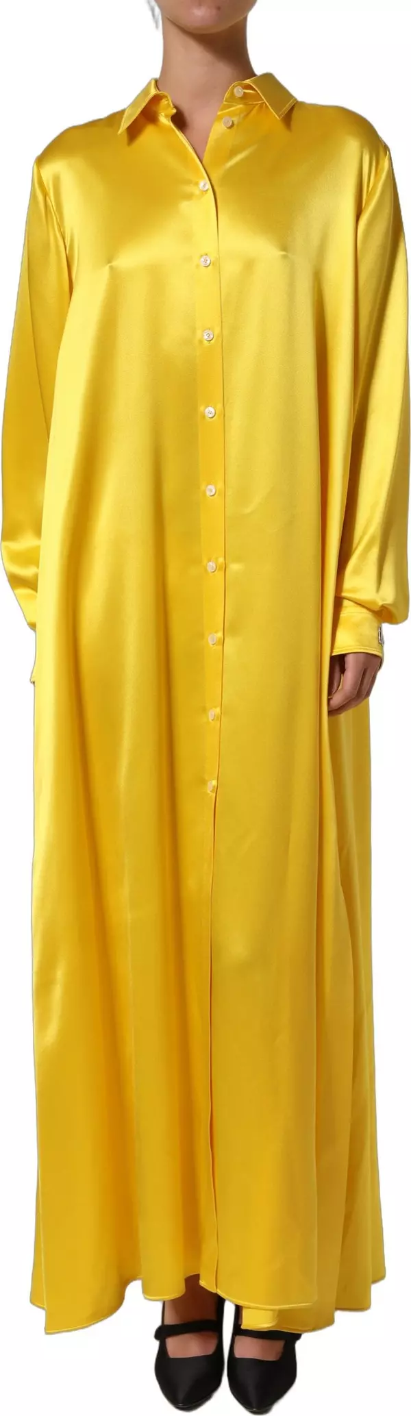 Yellow Silk Collared Button Down Maxi Dress
