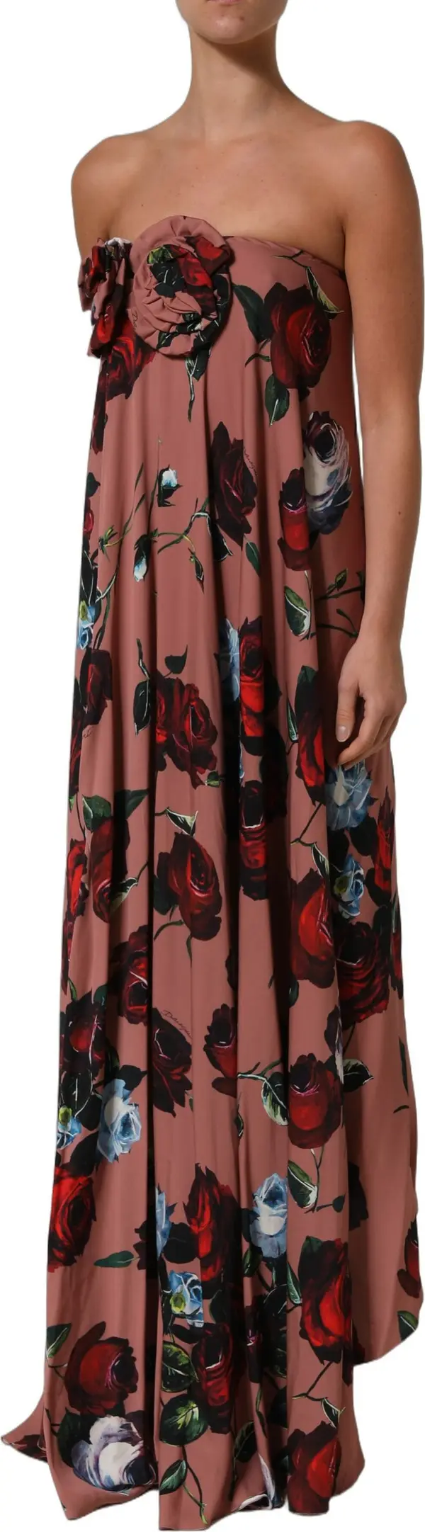 Dusty Pink Silk Floral Strapless Maxi Dress