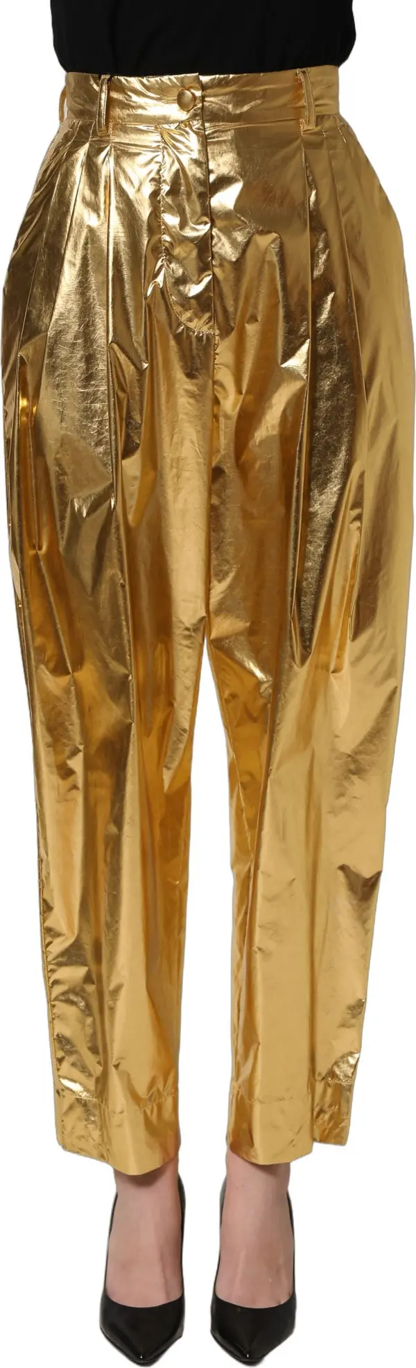 Metallic Gold High Waist Pleated Tapered Pants