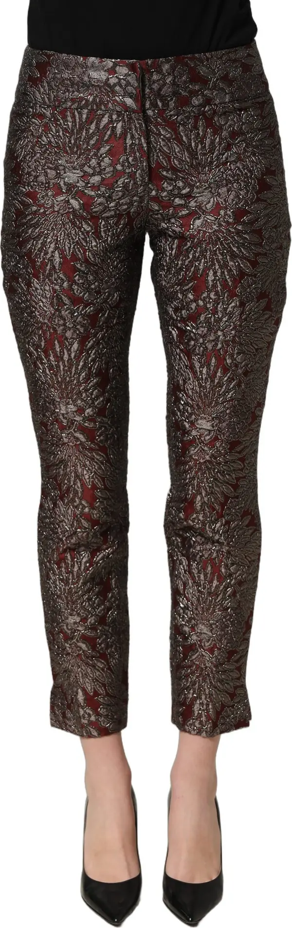 Burgundy Grey Floral Jacquard Straight Pants