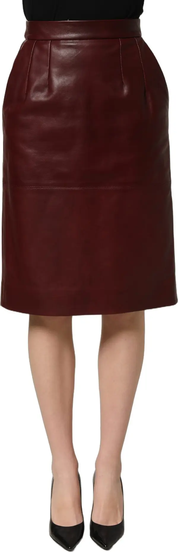 Burgundy Leather High Waist Pencil Midi Skirt