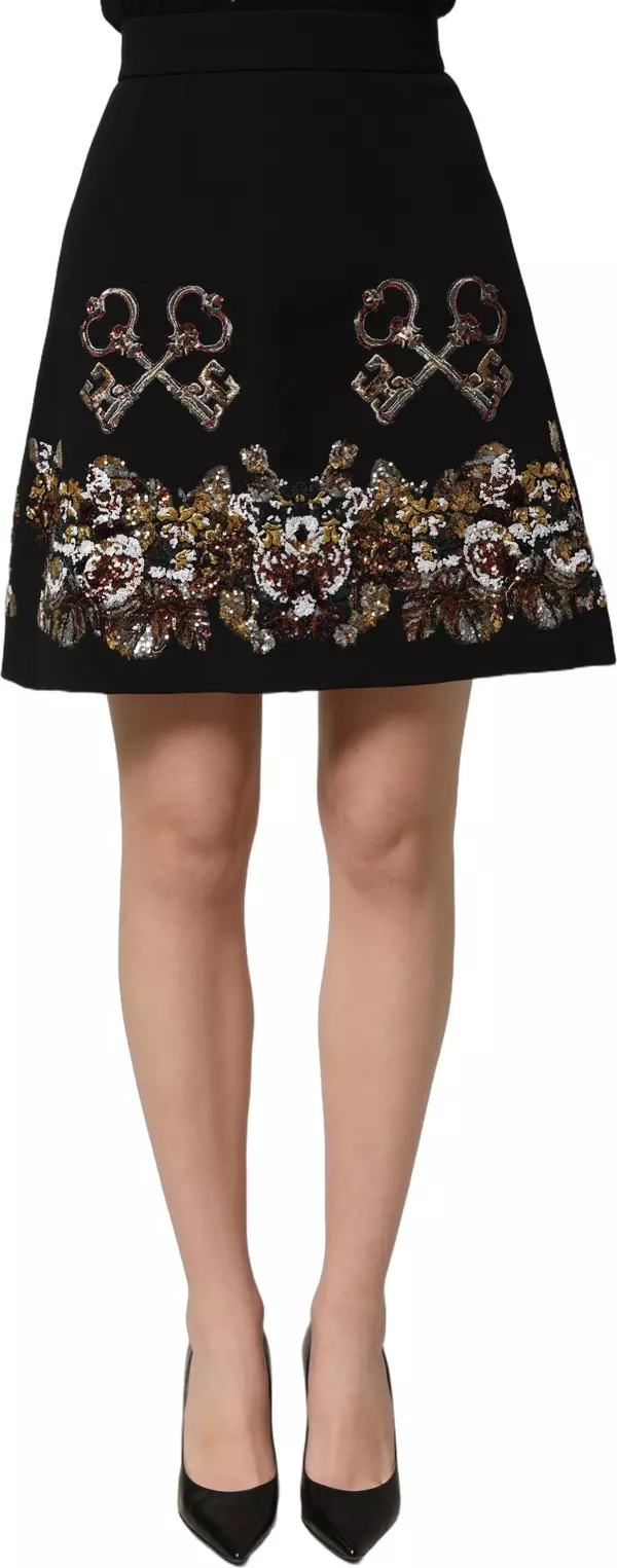 Black Floral Embellished A-line Mini Skirt