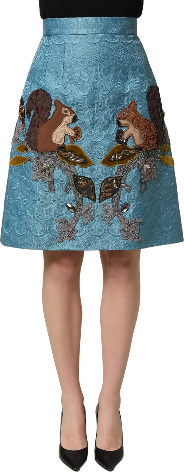 Blue Jacquard Embroidered A-line Skirt