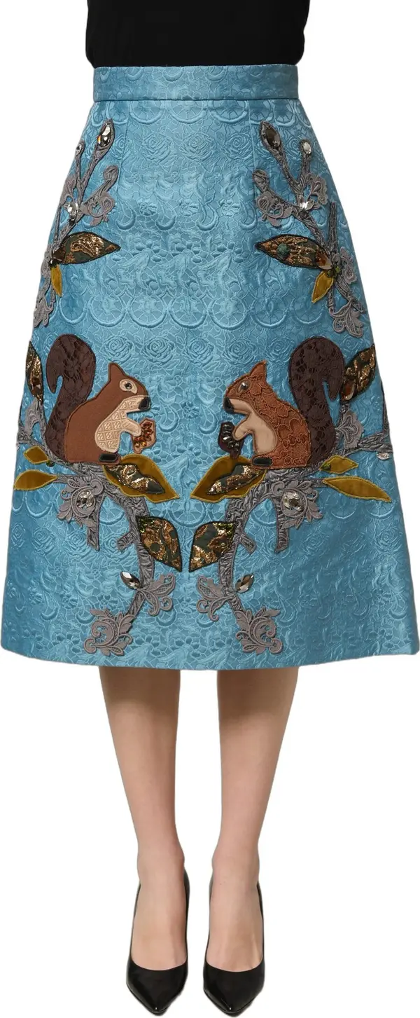Blue Jacquard Embroidered A-line Midi Skirt