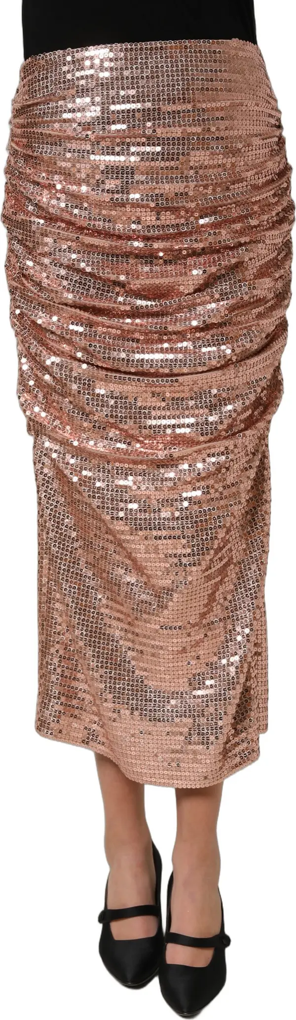 Rose Gold Sequin High Waist Ruched Maxi Skirt