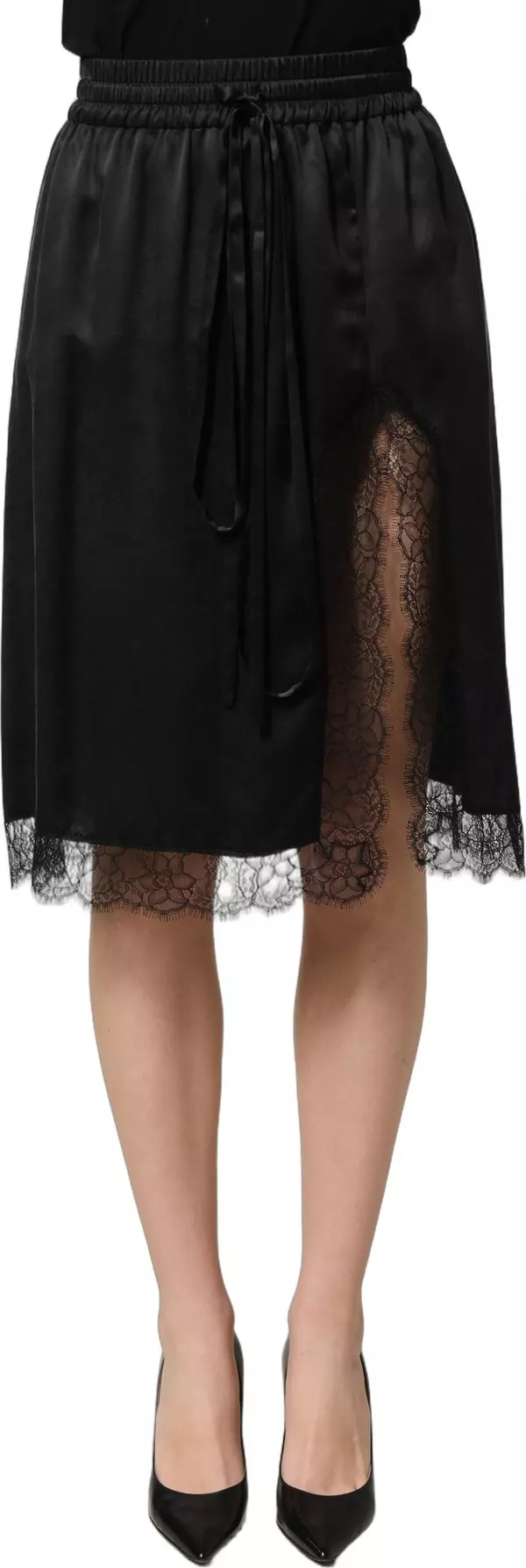 Black Lace Trimmed Satin Side Slit Skirt
