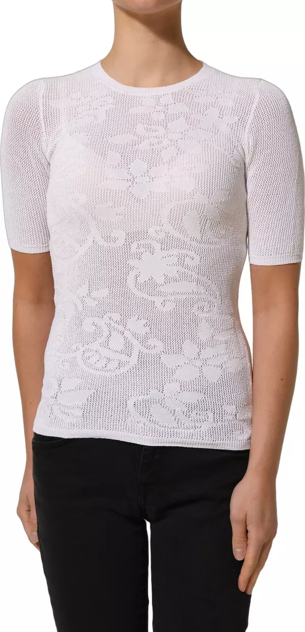 White Floral Lace Knit Fabric Short Sleeves Blouse Top