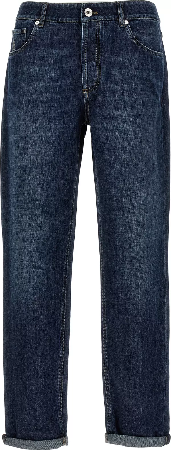 Blue Cotton Straight-Leg Jeans