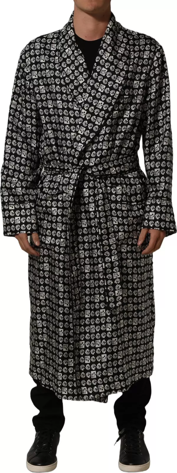 Black White Silk Men Wrap Robe Coat Jacket