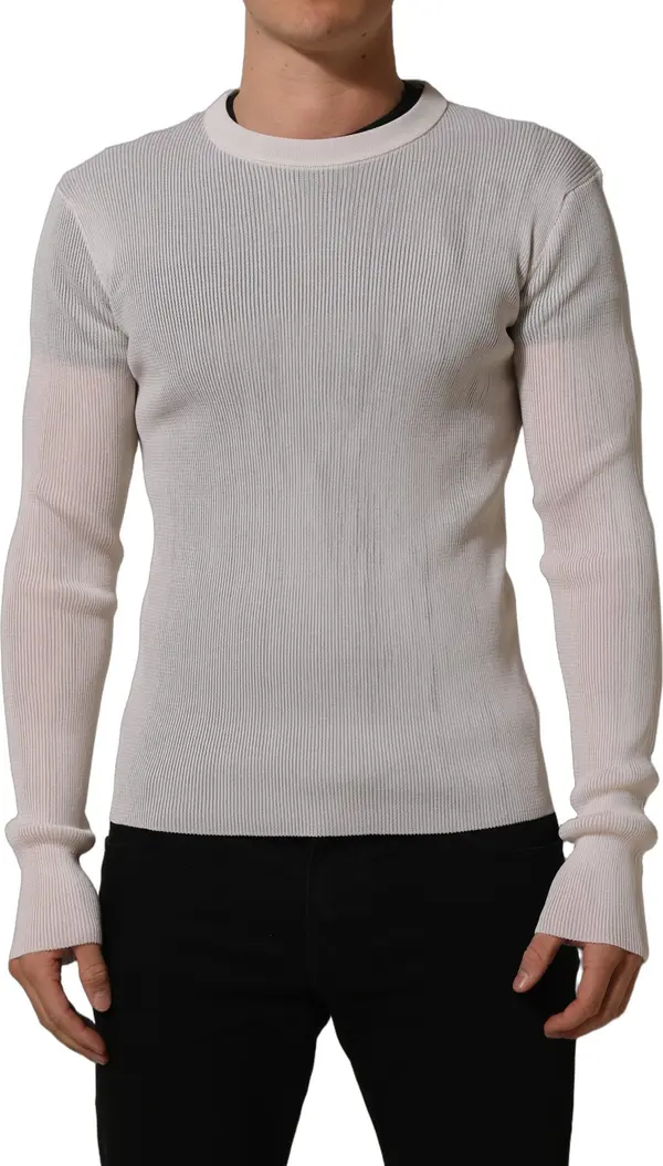 White Silk Crew Neck Men Pullover Sweater